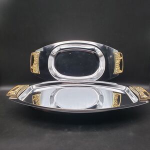 Vtg Kromex Chrome Serving Trays Set of 2 Gold Handles MCM USA Hollywood Regency